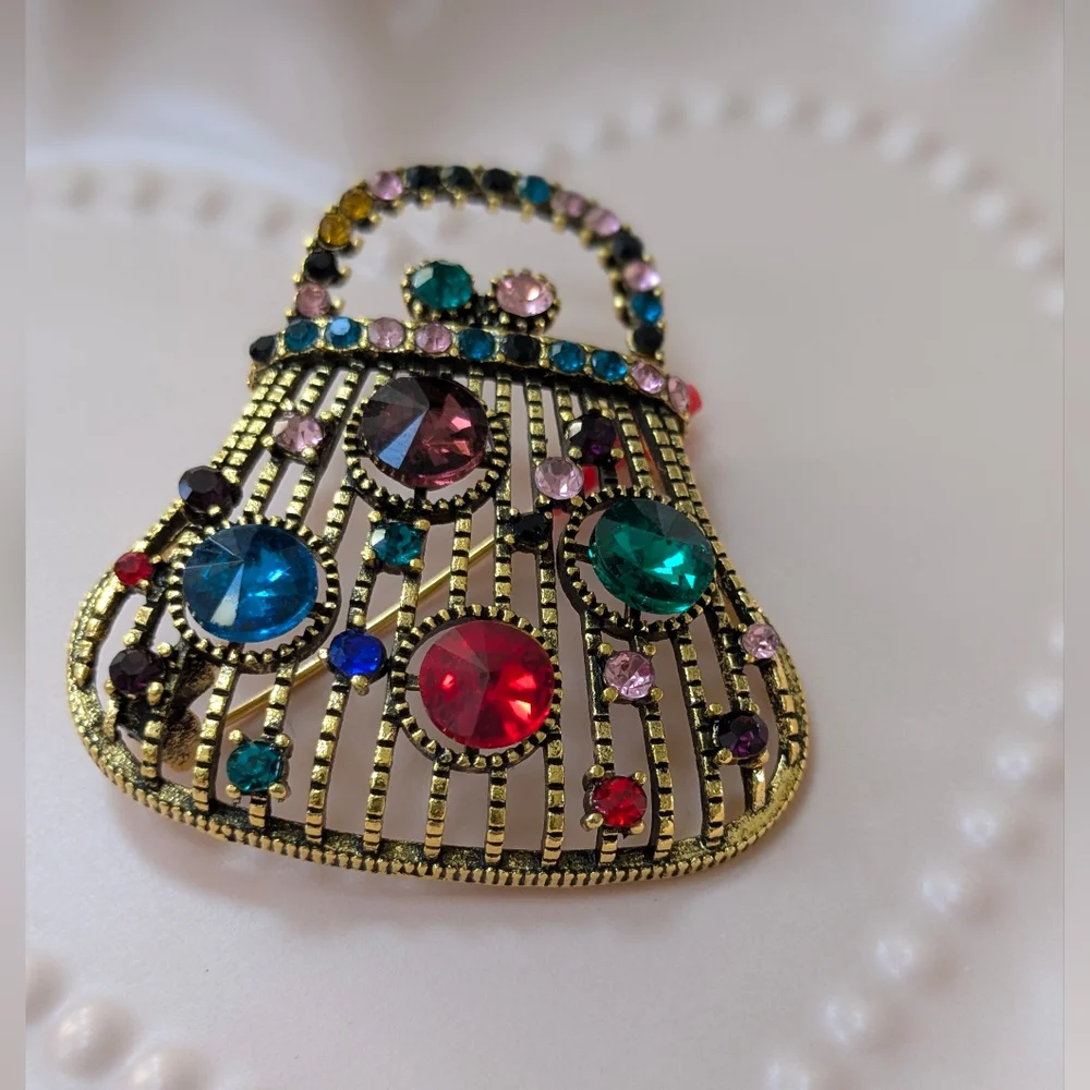 Vintage Gold Tone Retro Handbag Brooch